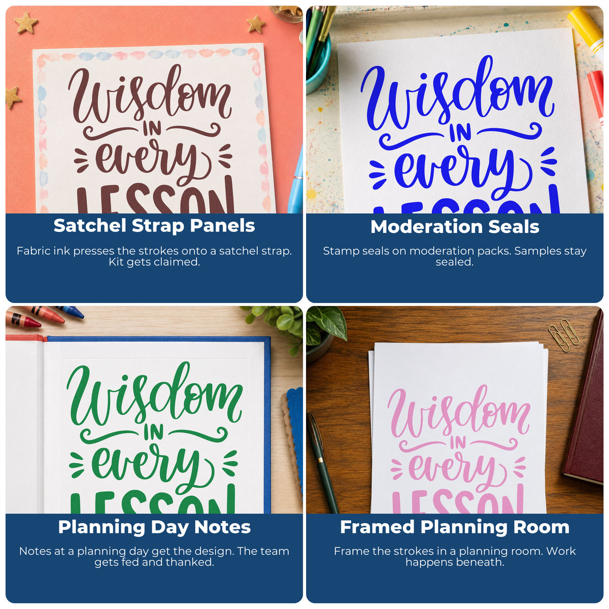 Four ways to use the Wisdom In Every Lesson Script Lettering Self-Inking Stamp: satchel strap panels, moderation seals, planning day notes and framed planning room.