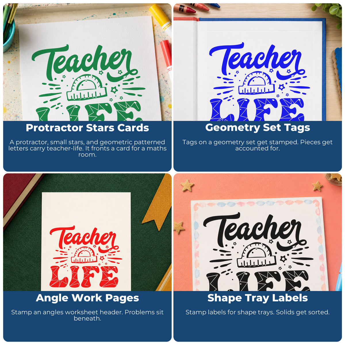 Four ways to use the Teacher Life Geometry Pattern Pre-Inked Stamp – Slim: protractor stars cards, geometry set tags, angle work pages and shape tray labels.