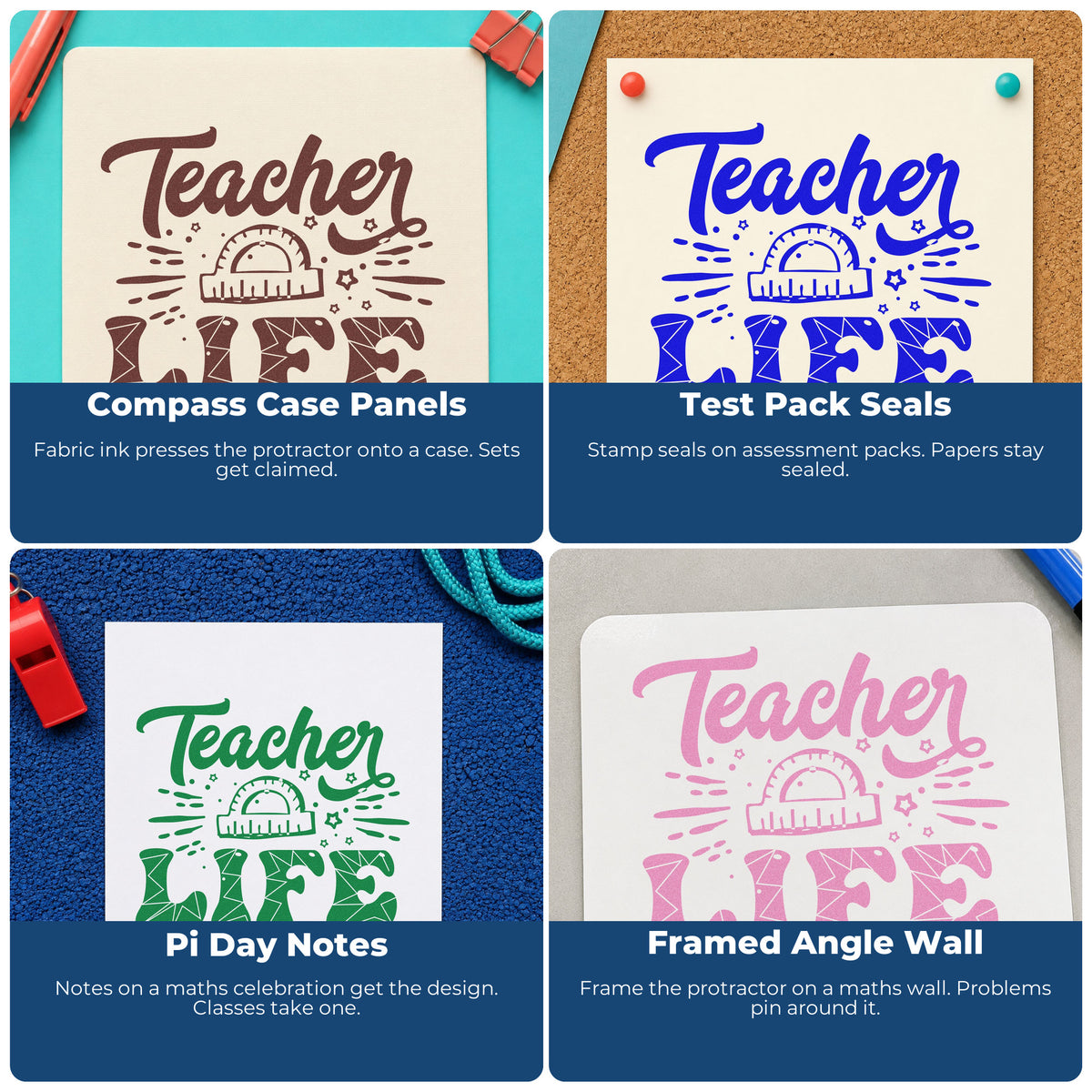 Four ways to use the Teacher Life Geometry Pattern PSI Pre-Inked Stamp: compass case panels, test pack seals, pi day notes and framed angle wall.