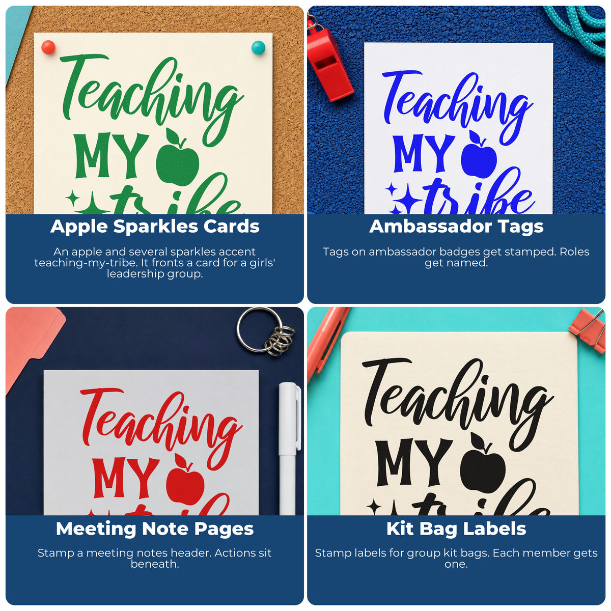 Four ways to use the Teaching My Tribe Apple With Sparkles Stamp – PSI Pre-Inked: apple sparkles cards, ambassador tags, meeting note pages and kit bag labels.