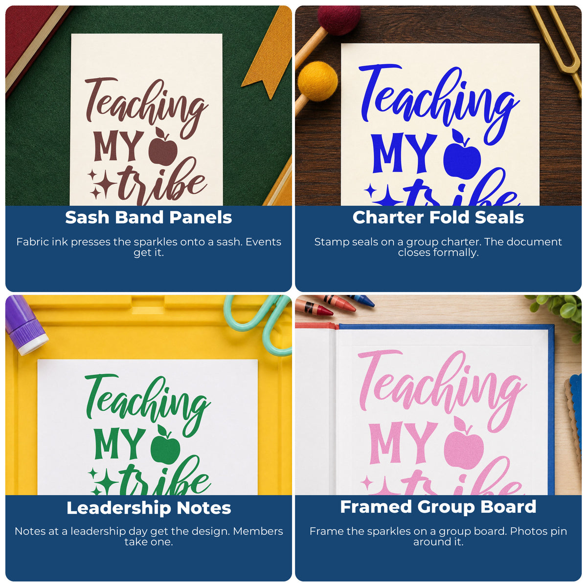 Four ways to use the Teaching My Tribe Apple With Sparkles Self-Inking Stamp: sash band panels, charter fold seals, leadership notes and framed group board.