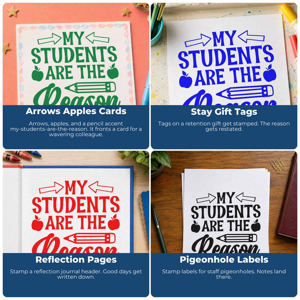 Four ways to use the My Students Are The Reason Apple Pre-Inked Stamp – PSI: arrows apples cards, stay gift tags, reflection pages and pigeonhole labels.