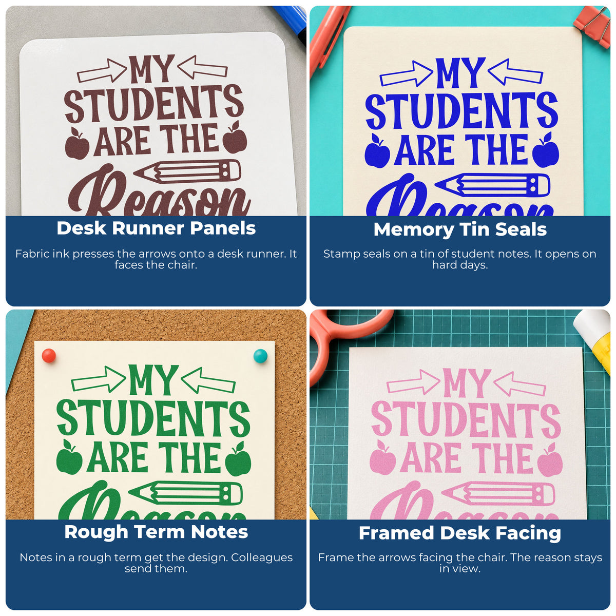 Four ways to use the My Students Are The Reason Apple Rubber Stamp – Duo Hand: desk runner panels, memory tin seals, rough term notes and framed desk facing.