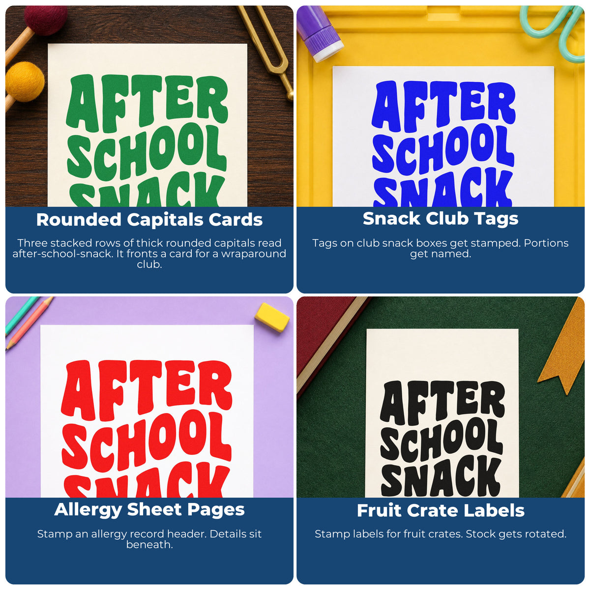 Four ways to use the After School Snack Pre-Inked Stamp – Slim: rounded capitals cards, snack club tags, allergy sheet pages and fruit crate labels.