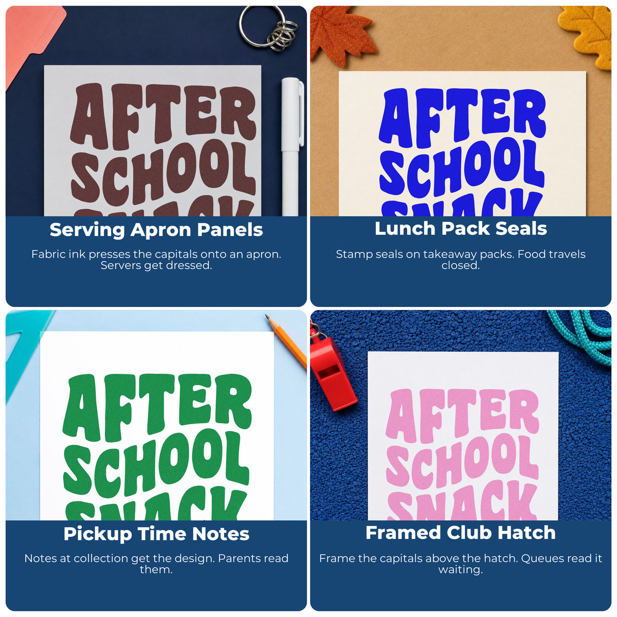 Four ways to use the After School Snack Pre-Inked Stamp – Slim: serving apron panels, lunch pack seals, pickup time notes and framed club hatch.