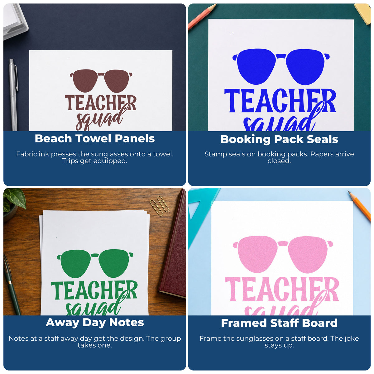 Four ways to use the Sunglasses Teacher Squad Lettering Premium Wood-Mounted Stamp - Vintage Pro: beach towel panels, booking pack seals, away day notes and framed staff board.
