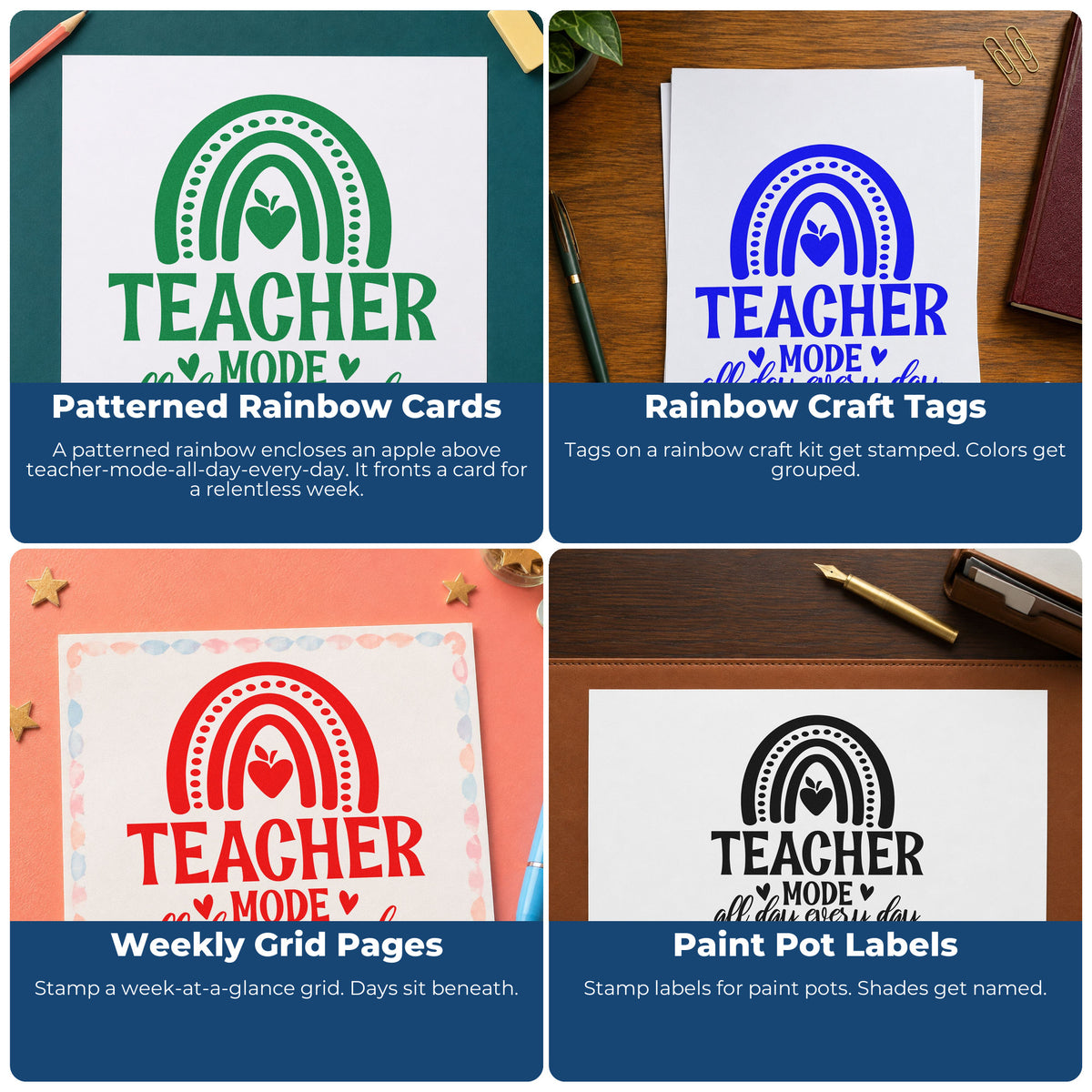 Four ways to use the Teacher Mode Rainbow Apple Wood Handle Stamp: patterned rainbow cards, rainbow craft tags, weekly grid pages and paint pot labels.