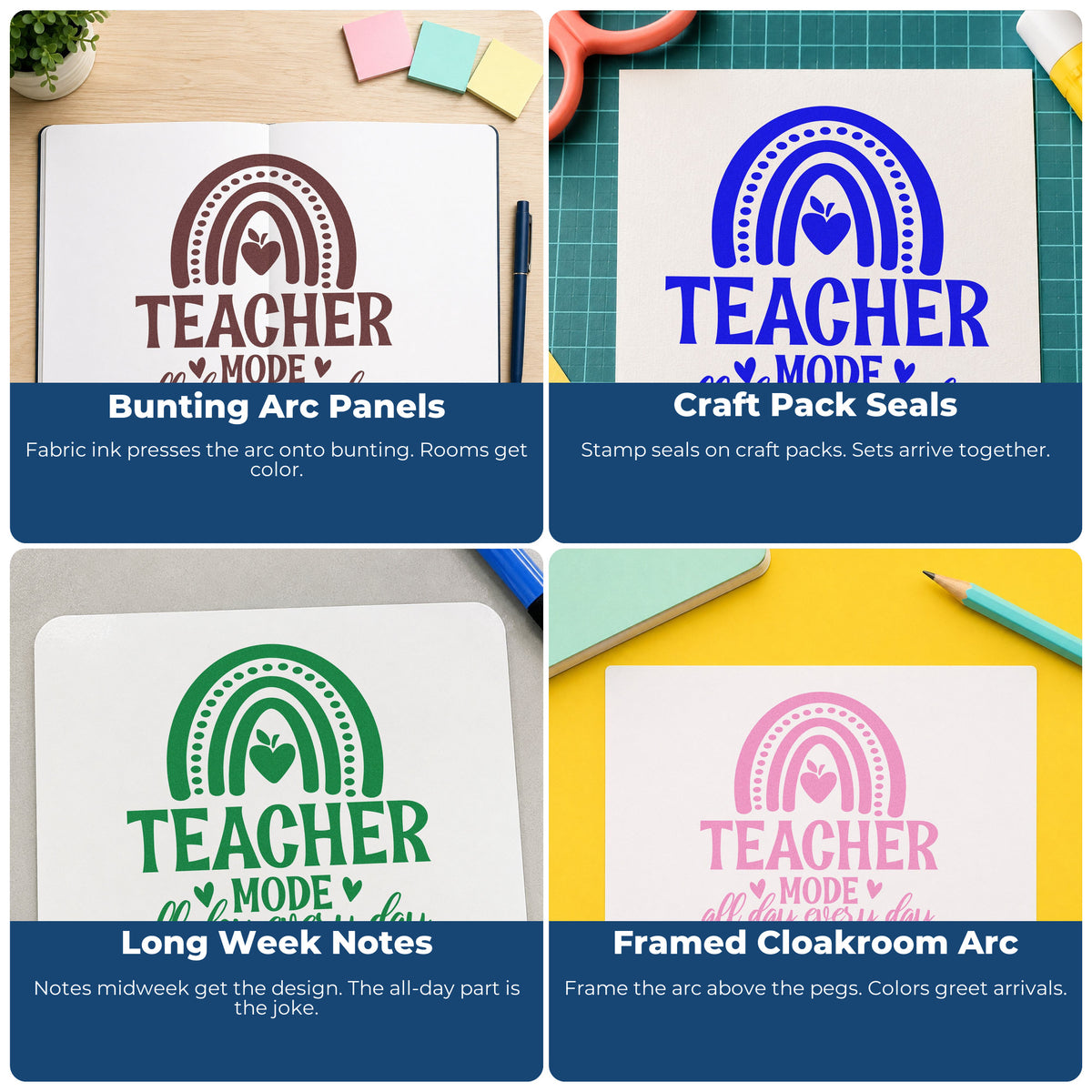 Four ways to use the Teacher Mode Rainbow Apple Wood Handle Stamp: bunting arc panels, craft pack seals, long week notes and framed cloakroom arc.