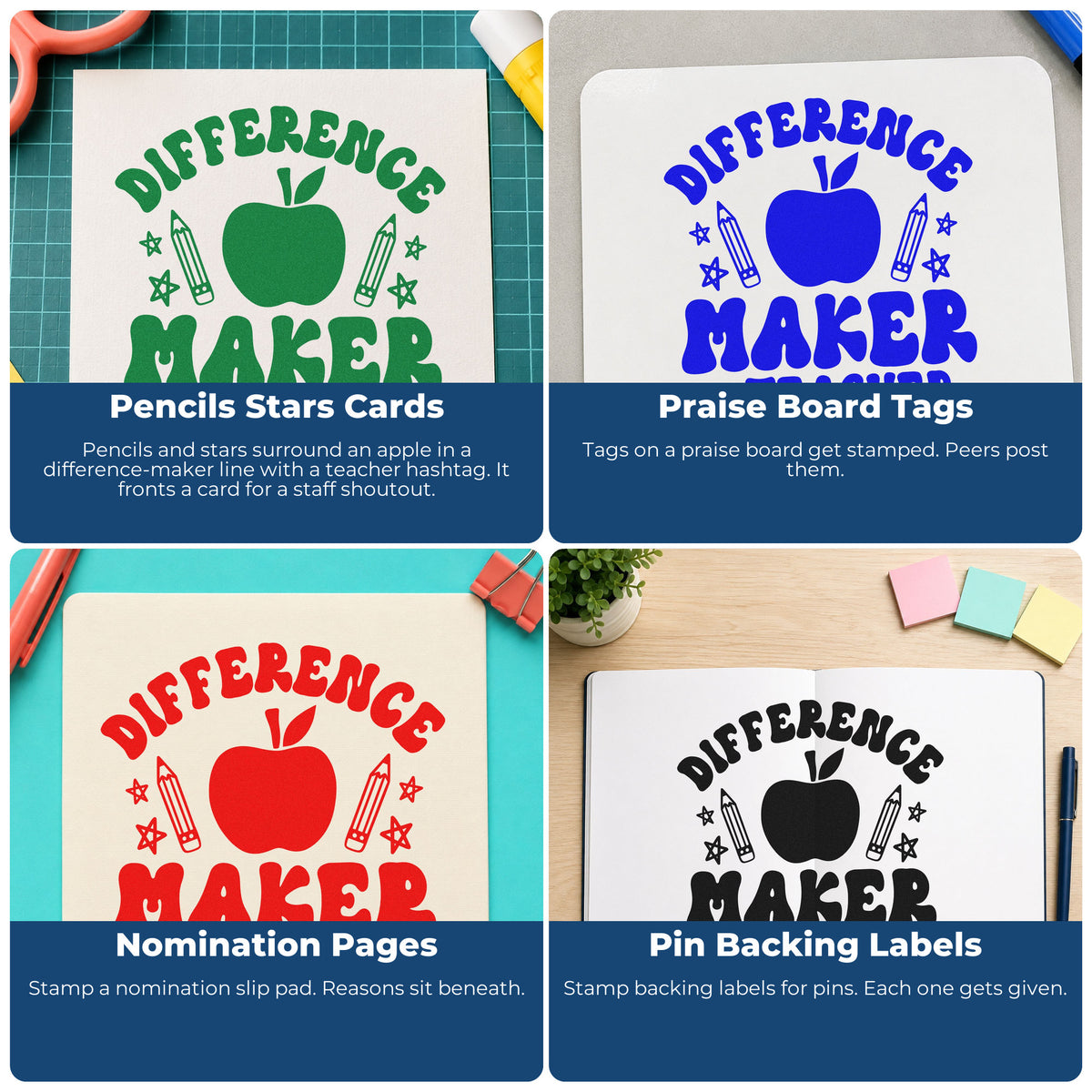 Four ways to use the Difference Maker Teacher Apple Pencil Stamp – Self-Inking: pencils stars cards, praise board tags, nomination pages and pin backing labels.