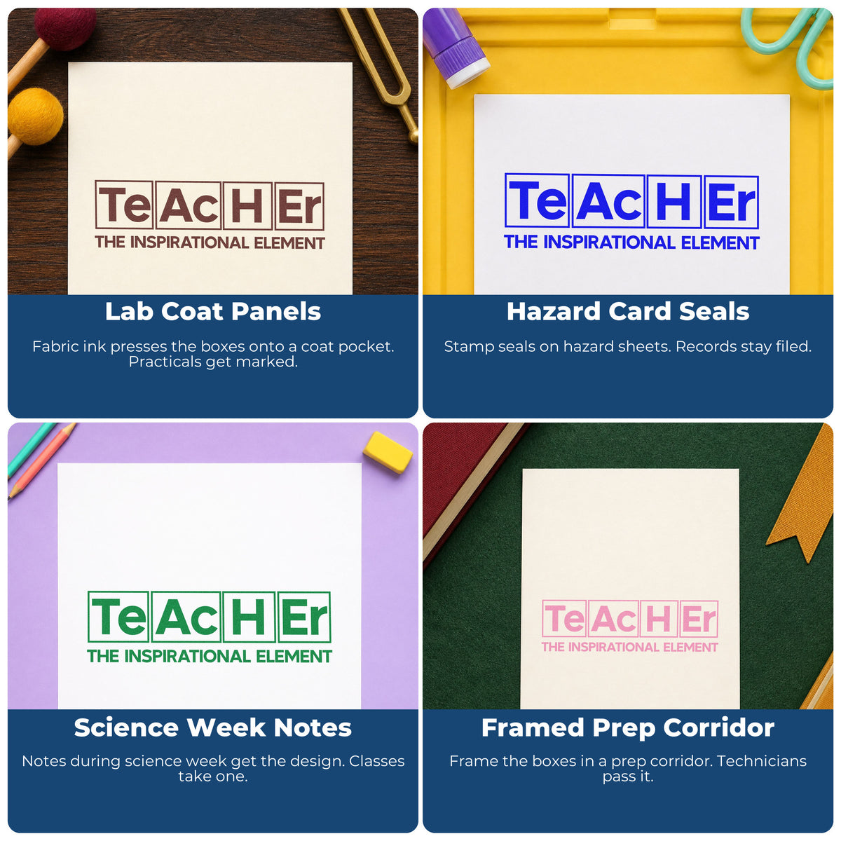 Four ways to use the Teacher Inspirational Element Pre-Inked Stamp – PSI: lab coat panels, hazard card seals, science week notes and framed prep corridor.