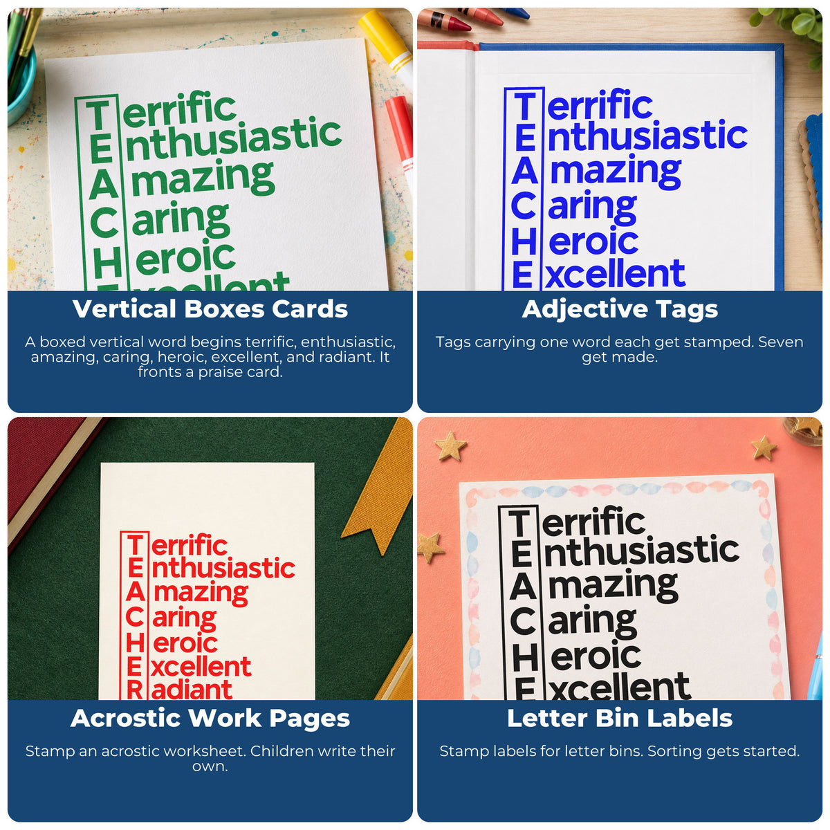 Four ways to use the Terrific Enthusiastic Teacher Word Ladder Slim Pre-Inked Stamp: vertical boxes cards, adjective tags, acrostic work pages and letter bin labels.
