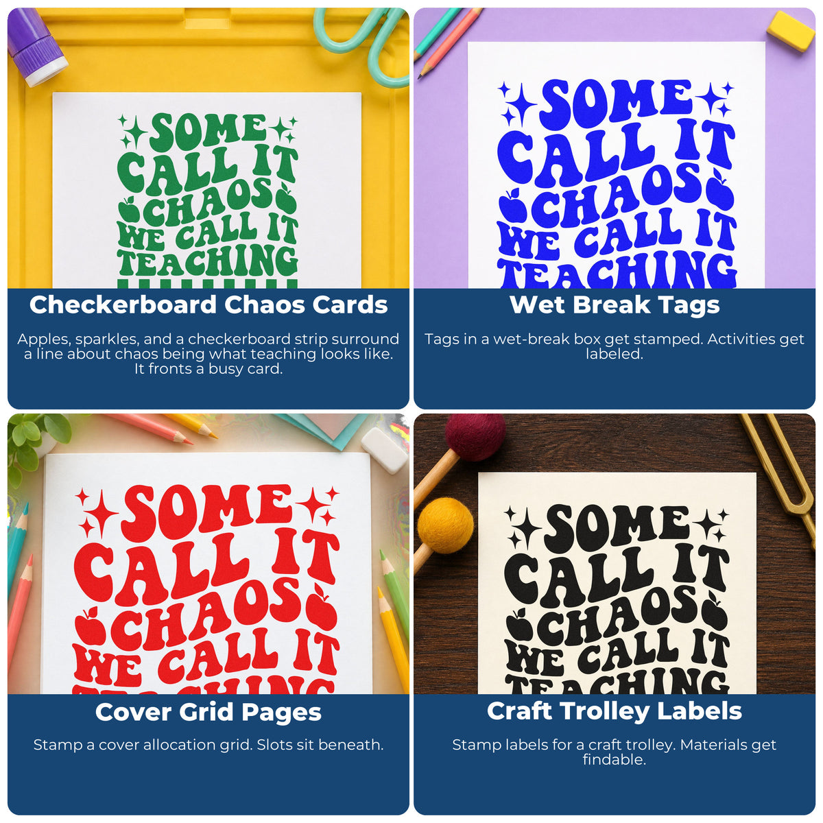 Four ways to use the Some Call It Chaos PSI Pre-Inked Stamp: checkerboard chaos cards, wet break tags, cover grid pages and craft trolley labels.