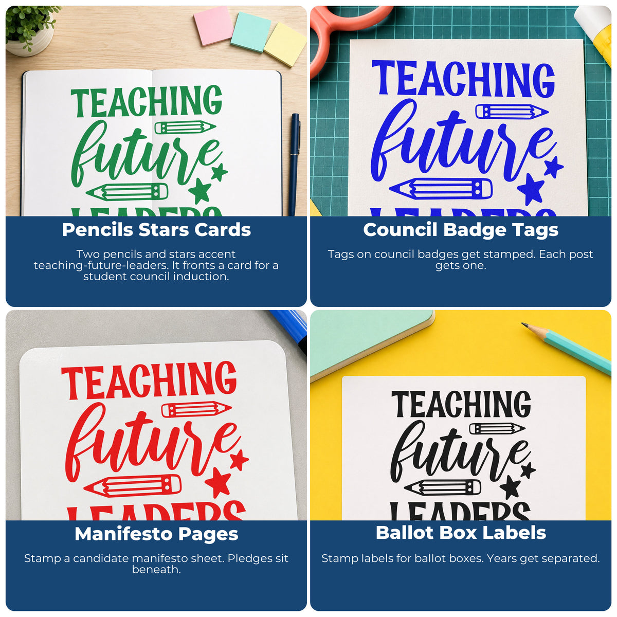 Four ways to use the Teaching Future Leaders Pencils With Stars Self-Inking Stamp: pencils stars cards, council badge tags, manifesto pages and ballot box labels.