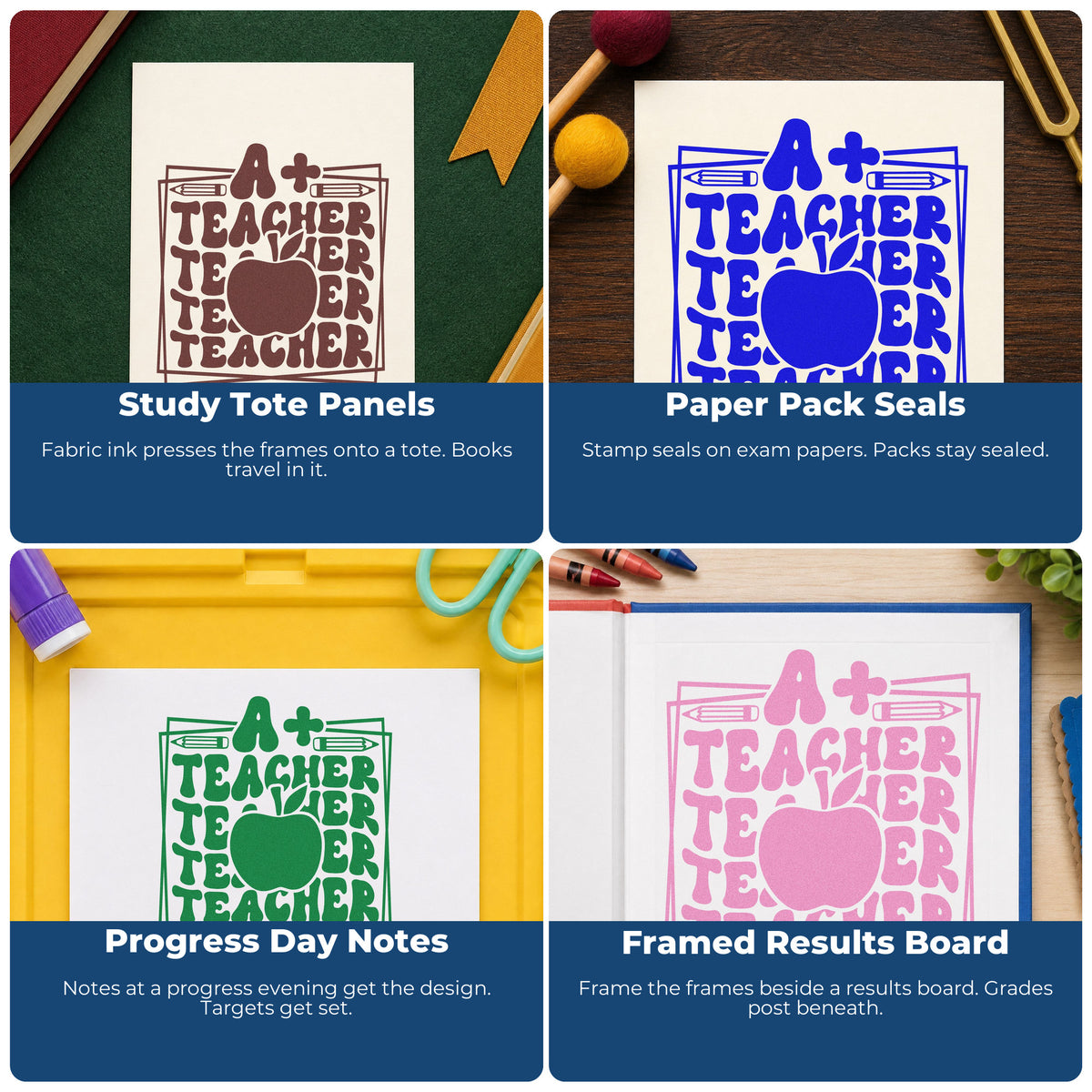 Four ways to use the A Plus Teacher Repeated Frame Stamp – Self-Inking: study tote panels, paper pack seals, progress day notes and framed results board.