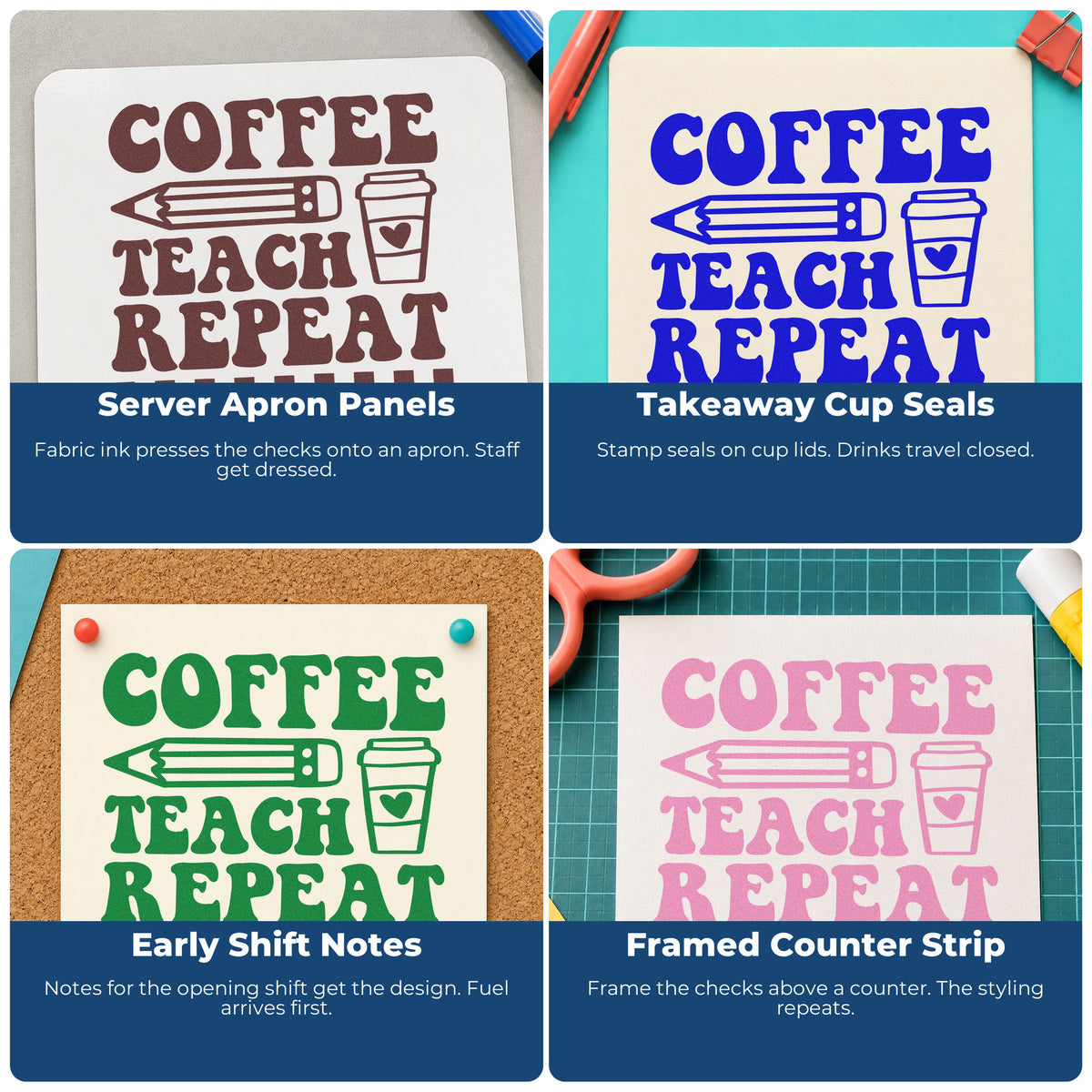 Four ways to use the Coffee Teach Repeat Pencil Wood Handle Stamp: server apron panels, takeaway cup seals, early shift notes and framed counter strip.