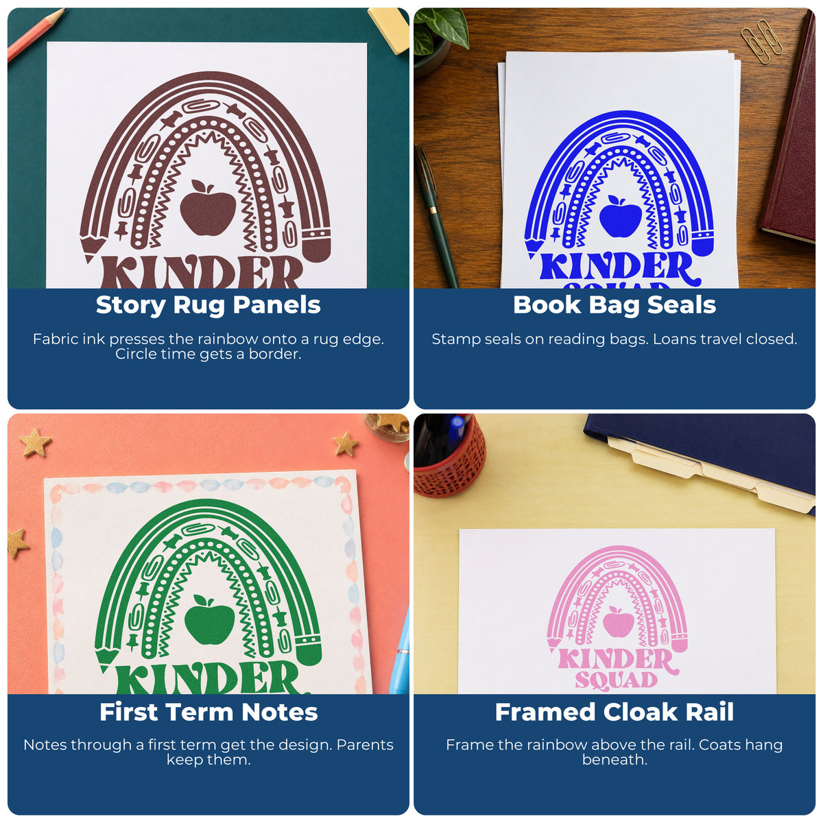 Four ways to use the Kinder Squad Rainbow Apple Rubber Stamp – Wood Handle: story rug panels, book bag seals, first term notes and framed cloak rail.