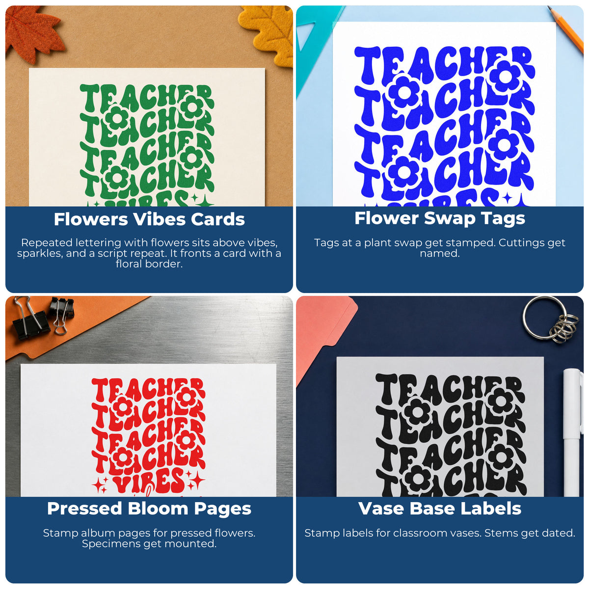 Four ways to use the Teacher Vibes Repeated Flowers Pre-Inked Stamp – Slim: flowers vibes cards, flower swap tags, pressed bloom pages and vase base labels.