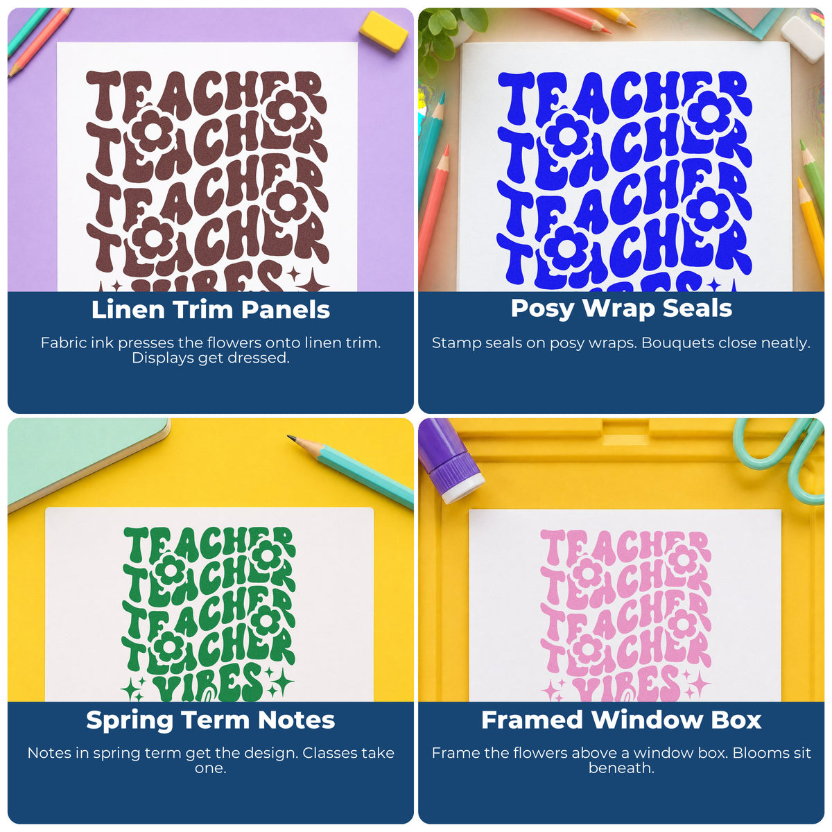 Four ways to use the Teacher Vibes Repeated Flowers Self-Inking Stamp: linen trim panels, posy wrap seals, spring term notes and framed window box.