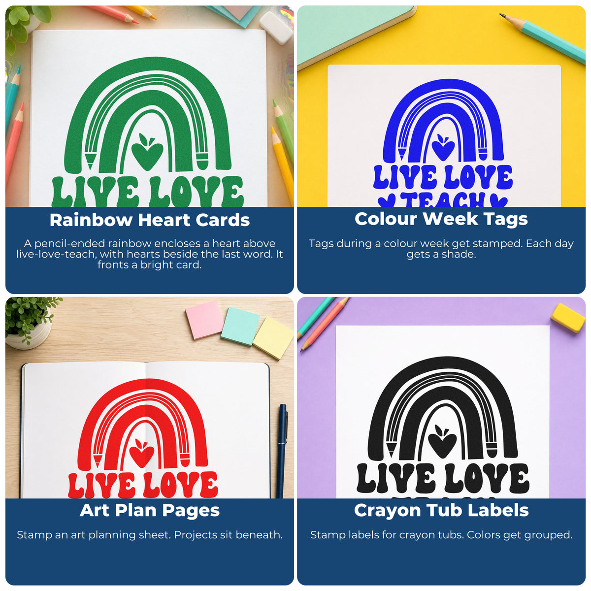 Four ways to use the Live Love Teach Rainbow Pencil Wood Handle Stamp: rainbow heart cards, color week tags, art plan pages and crayon tub labels.
