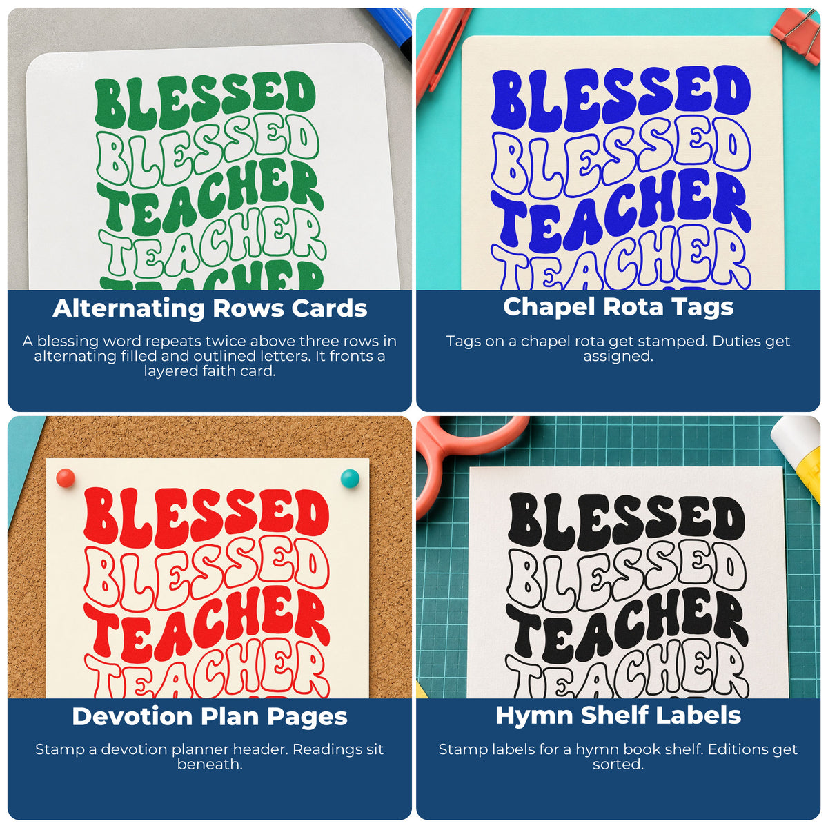 Four ways to use the Blessed Teacher Repeated Rows Rubber Stamp – Wood Handle: alternating rows cards, chapel rota tags, devotion plan pages and hymn shelf labels.