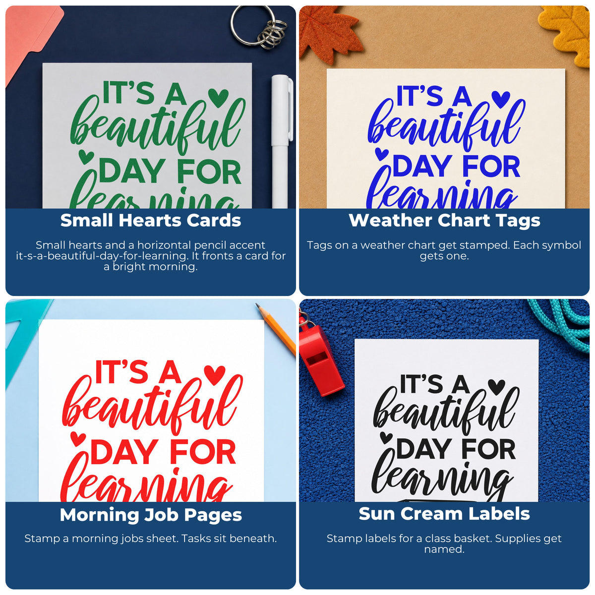 Four ways to use the Beautiful Day For Learning Self-Inking Stamp: small hearts cards, weather chart tags, morning job pages and sun cream labels.