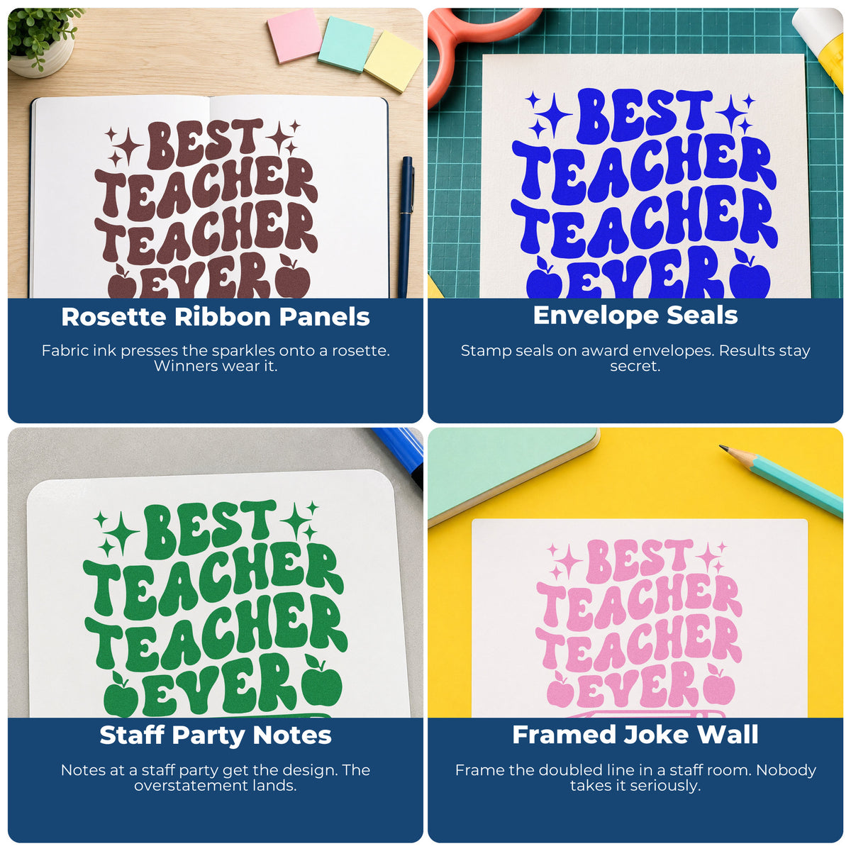 Four ways to use the Best Teacher Repeated Teacher Lettering Craft Stamp – Self-Inking: rosette ribbon panels, envelope seals, staff party notes and framed joke wall.
