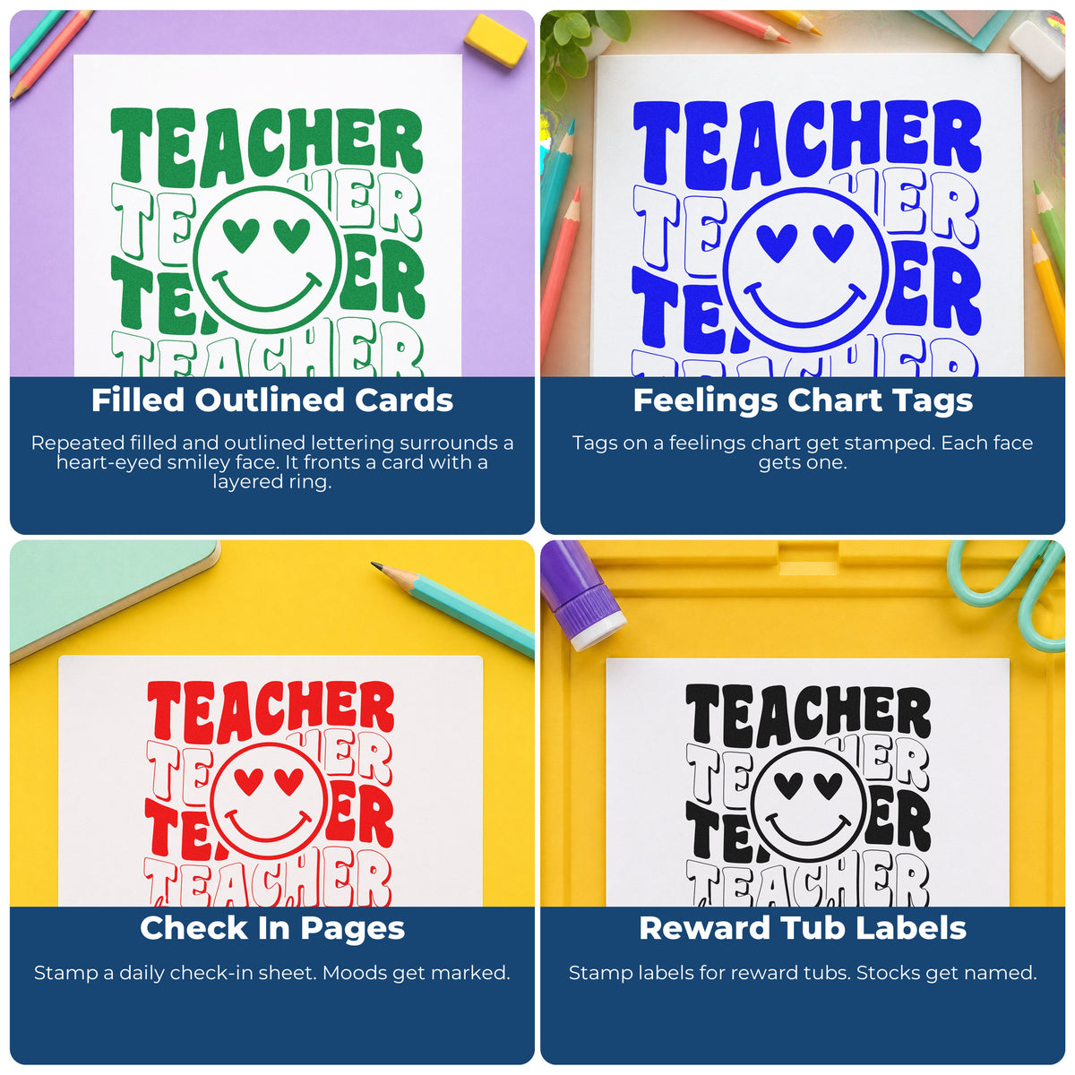 Four ways to use the PSI Pre-Inked Heart-Eyed Smile Teacher Repeats Stamp: filled outlined cards, feelings chart tags, check in pages and reward tub labels.