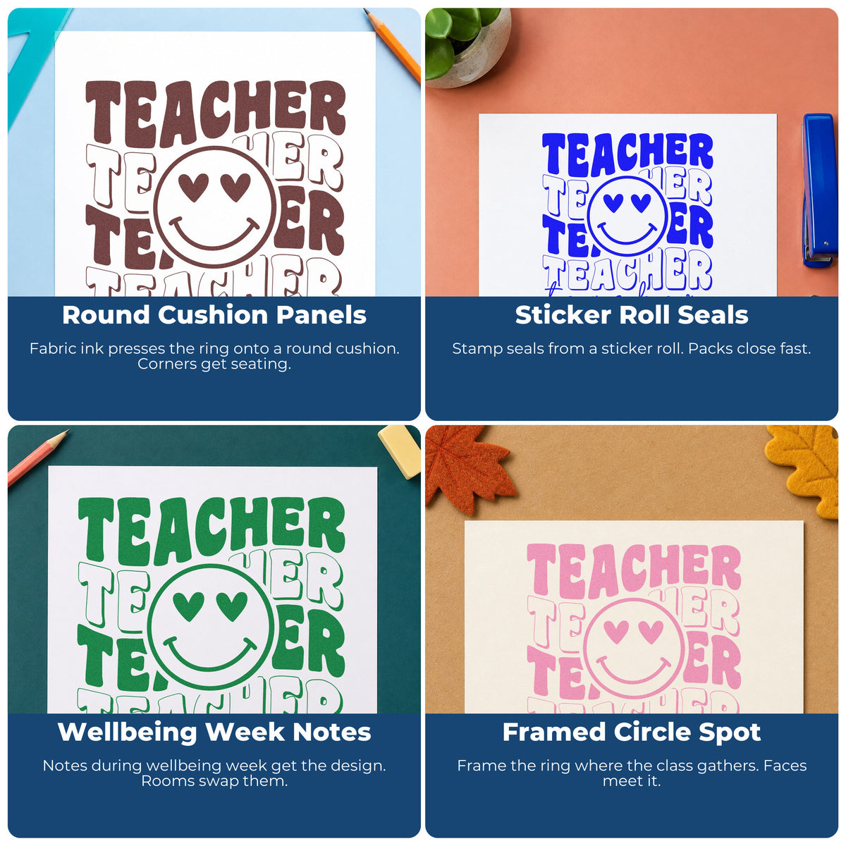 Four ways to use the PSI Pre-Inked Heart-Eyed Smile Teacher Repeats Stamp: round cushion panels, sticker roll seals, wellbeing week notes and framed circle spot.