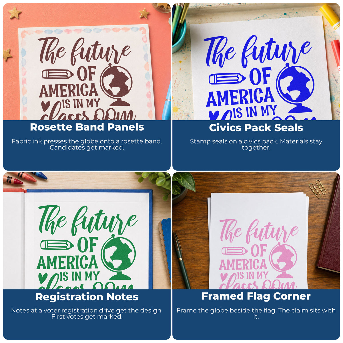Four ways to use the Premium Wooden The Future Of America Is In My Classroom Stamp - Vintage Pro: rosette band panels, civics pack seals, registration notes and framed flag corner.
