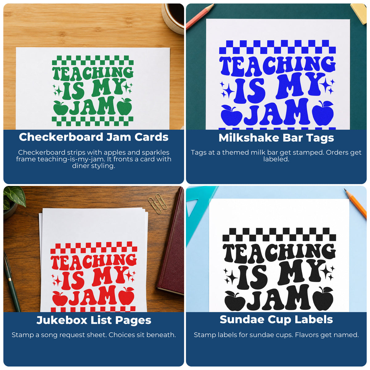 Four ways to use the Self-Inking Teaching Is My Jam Checkerboard Apple Stamp: checkerboard jam cards, milkshake bar tags, jukebox list pages and sundae cup labels.