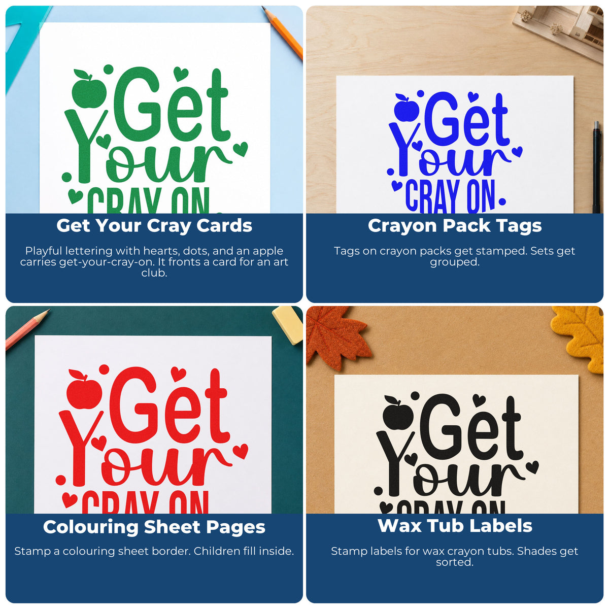 Four ways to use the Get Your Cray On Rubber Stamp – Wood Handle: get your cray cards, crayon pack tags, coloring sheet pages and wax tub labels.