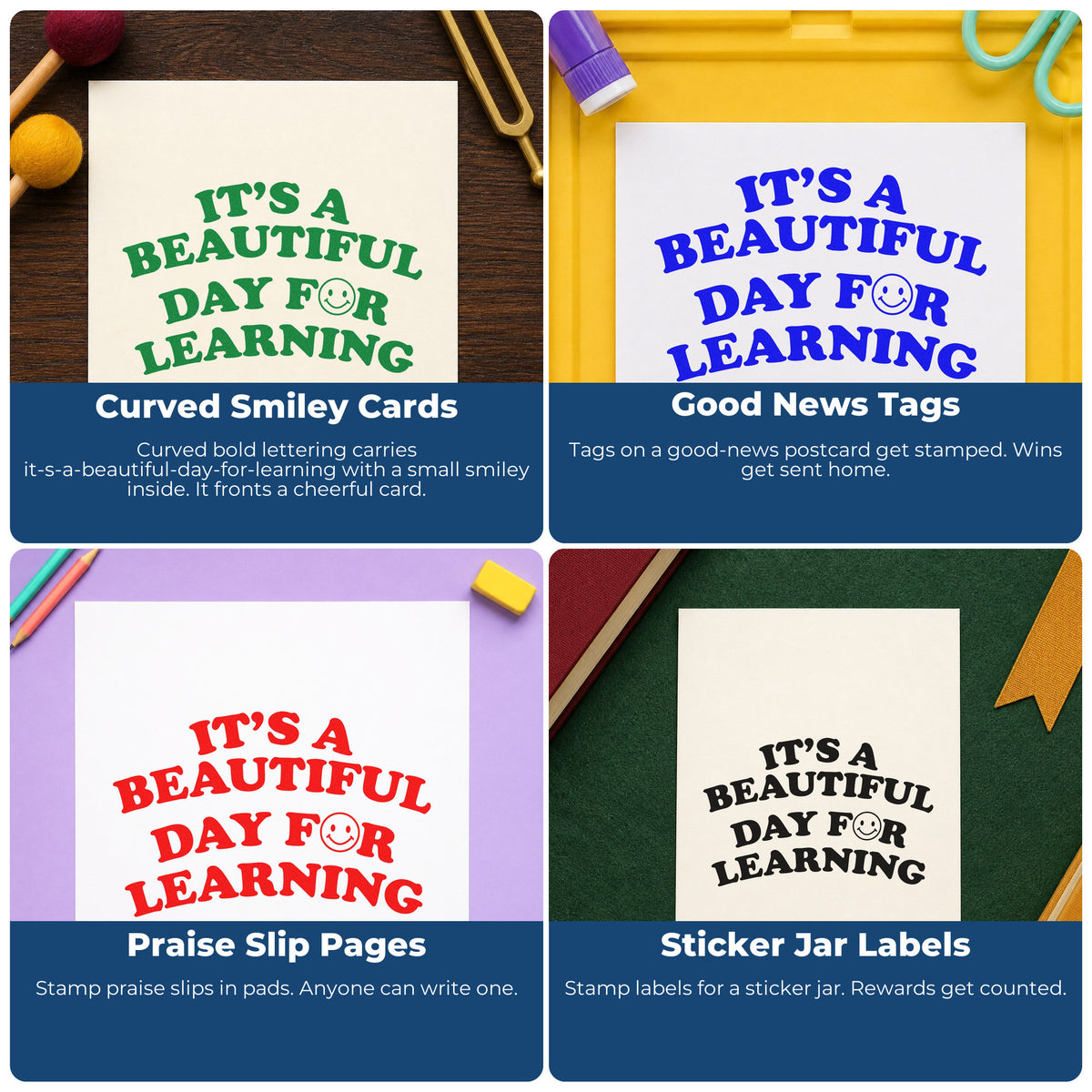 Four ways to use the Learning Day Smiley Lettering Premium Wood-Mounted Stamp - Vintage Pro: curved smiley cards, good news tags, praise slip pages and sticker jar labels.