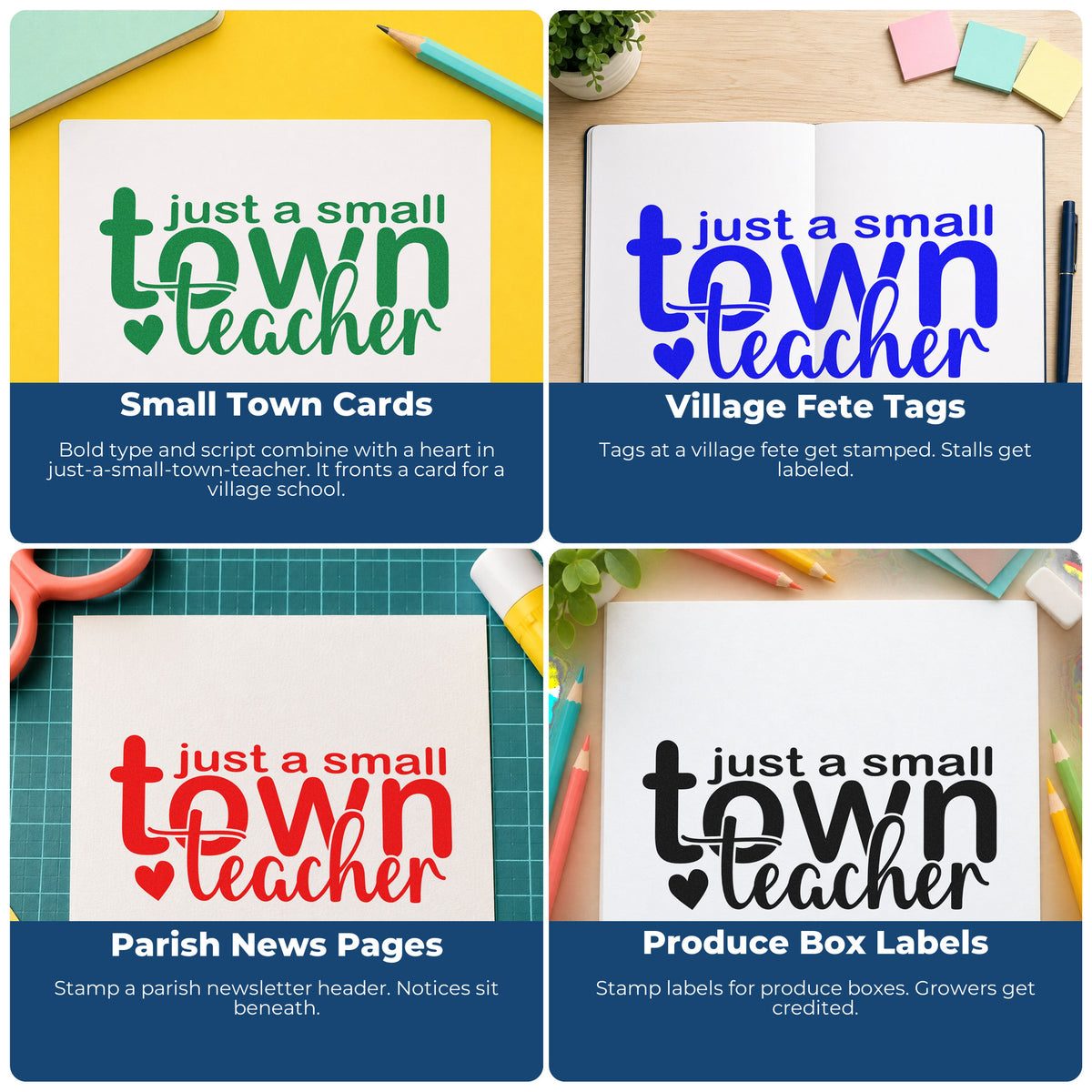 Four ways to use the Slim Pre-Inked Small Town Teacher Stamp: small town cards, village fete tags, parish news pages and produce box labels.