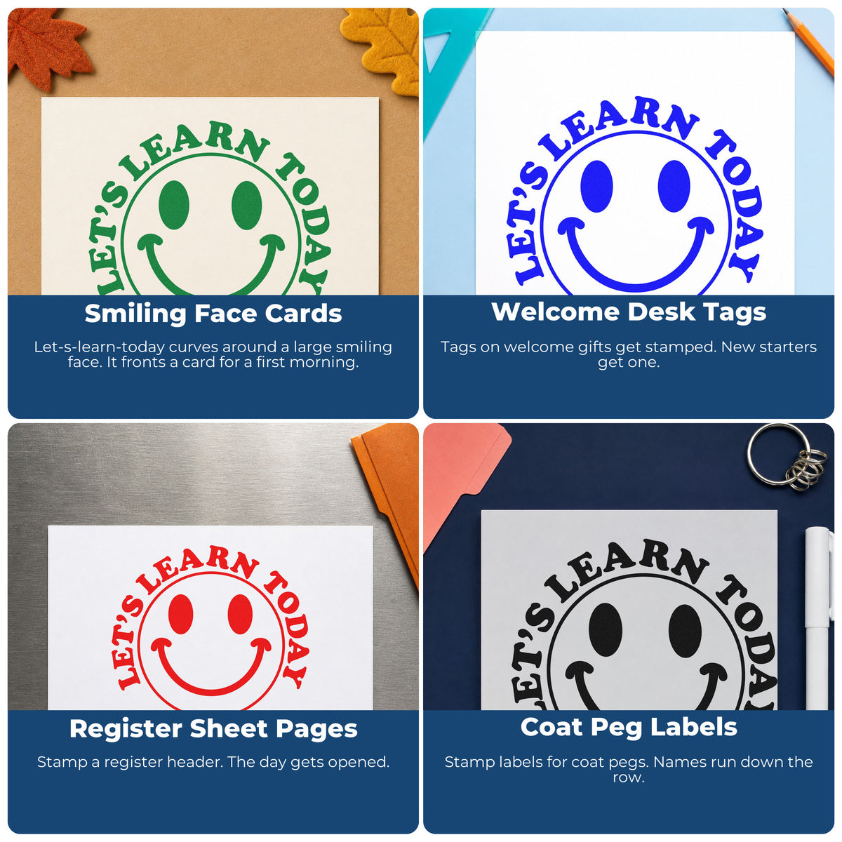 Four ways to use the Let's Learn Today Smile Pre-Inked Stamp – PSI: smiling face cards, welcome desk tags, register sheet pages and coat peg labels.