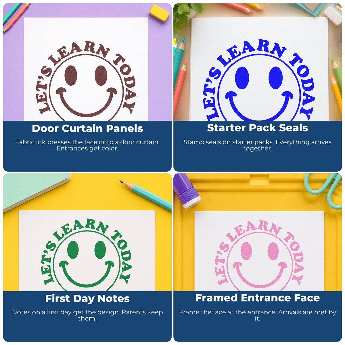 Four ways to use the Let's Learn Today Smile Stamp – Duo Hand: door curtain panels, starter pack seals, first day notes and framed entrance face.