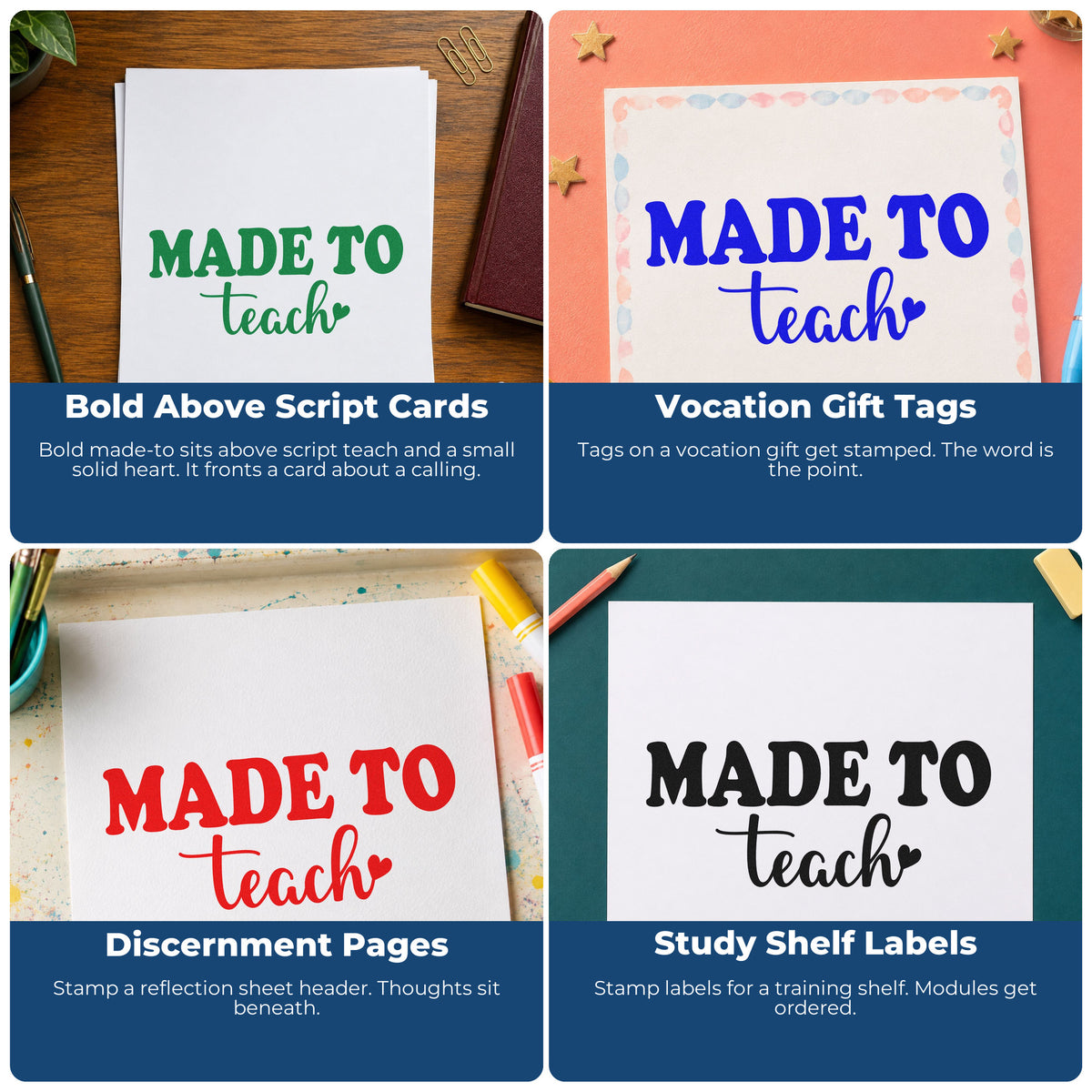 Four ways to use the Made To Teach Heart Rubber Stamp – Duo Hand: bold above script cards, vocation gift tags, discernment pages and study shelf labels.