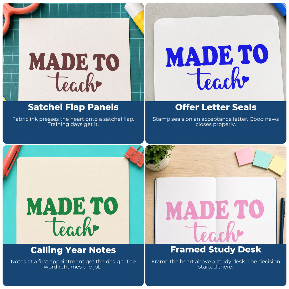 Four ways to use the Made To Teach Heart Rubber Stamp – Duo Hand: satchel flap panels, offer letter seals, calling year notes and framed study desk.