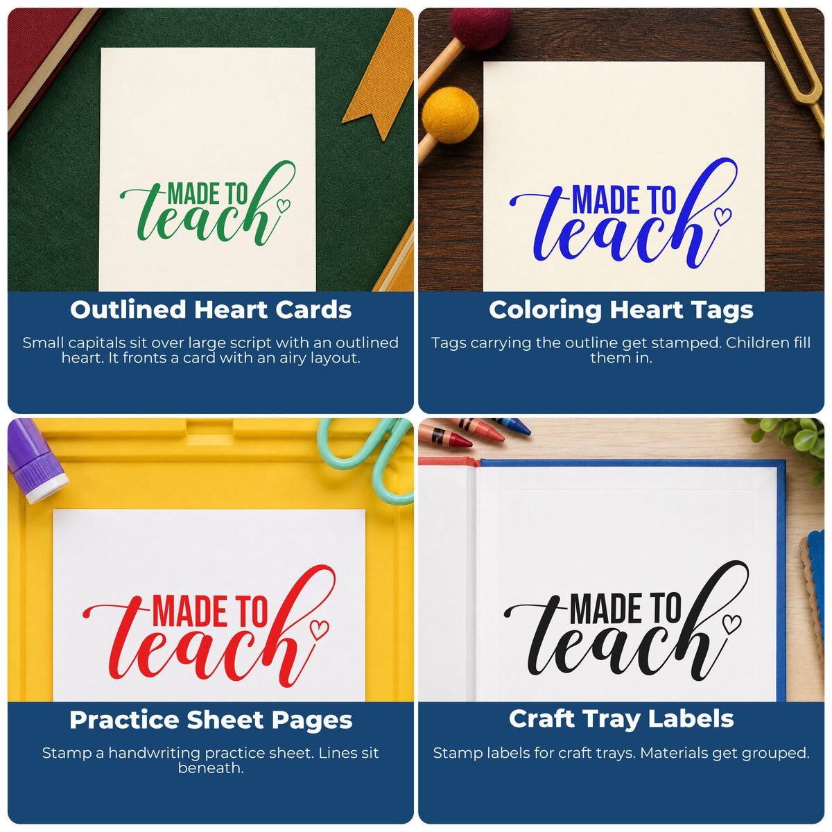 Four ways to use the Made To Teach Outline Heart Script Lettering Slim Pre-Inked Stamp: outlined heart cards, coloring heart tags, practice sheet pages and craft tray labels.