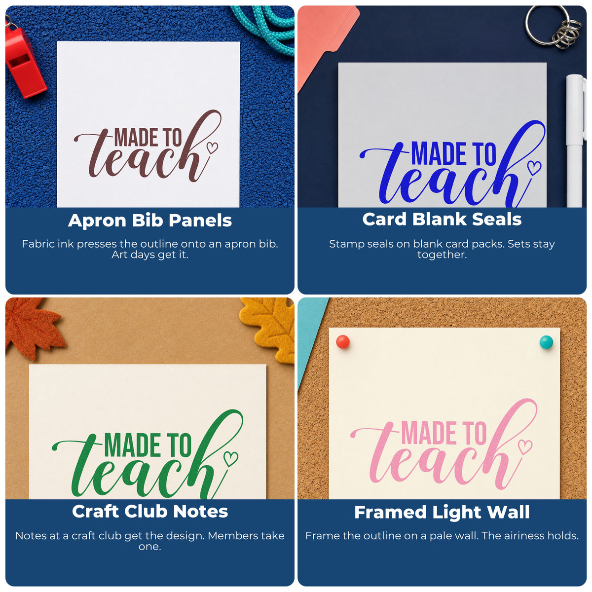 Four ways to use the Made To Teach Outline Heart Script Lettering Wood Handle Stamp: apron bib panels, card blank seals, craft club notes and framed light wall.