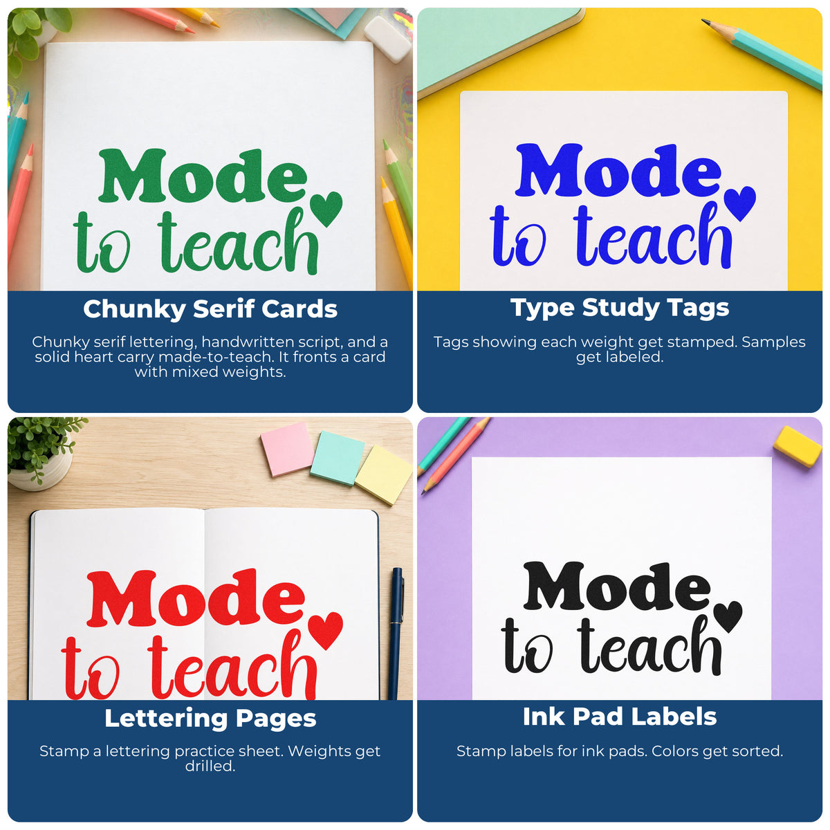 Four ways to use the Made To Teach Simple Stamp – Slim Pre-Inked: chunky serif cards, type study tags, lettering pages and ink pad labels.