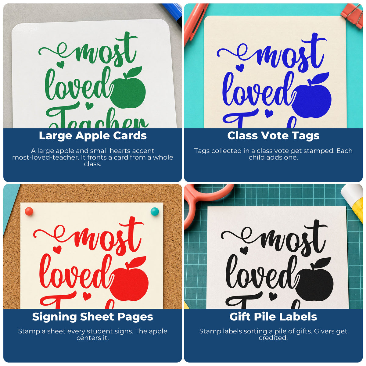 Four ways to use the Most Loved Teacher Apple Self-Inking Stamp: large apple cards, class vote tags, signing sheet pages and gift pile labels.