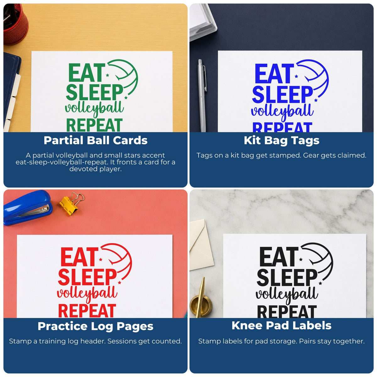 Four ways to use the Eat Sleep Volleyball Repeat With Stars Self-Inking Craft Stamp: partial ball cards, kit bag tags, practice log pages and knee pad labels.