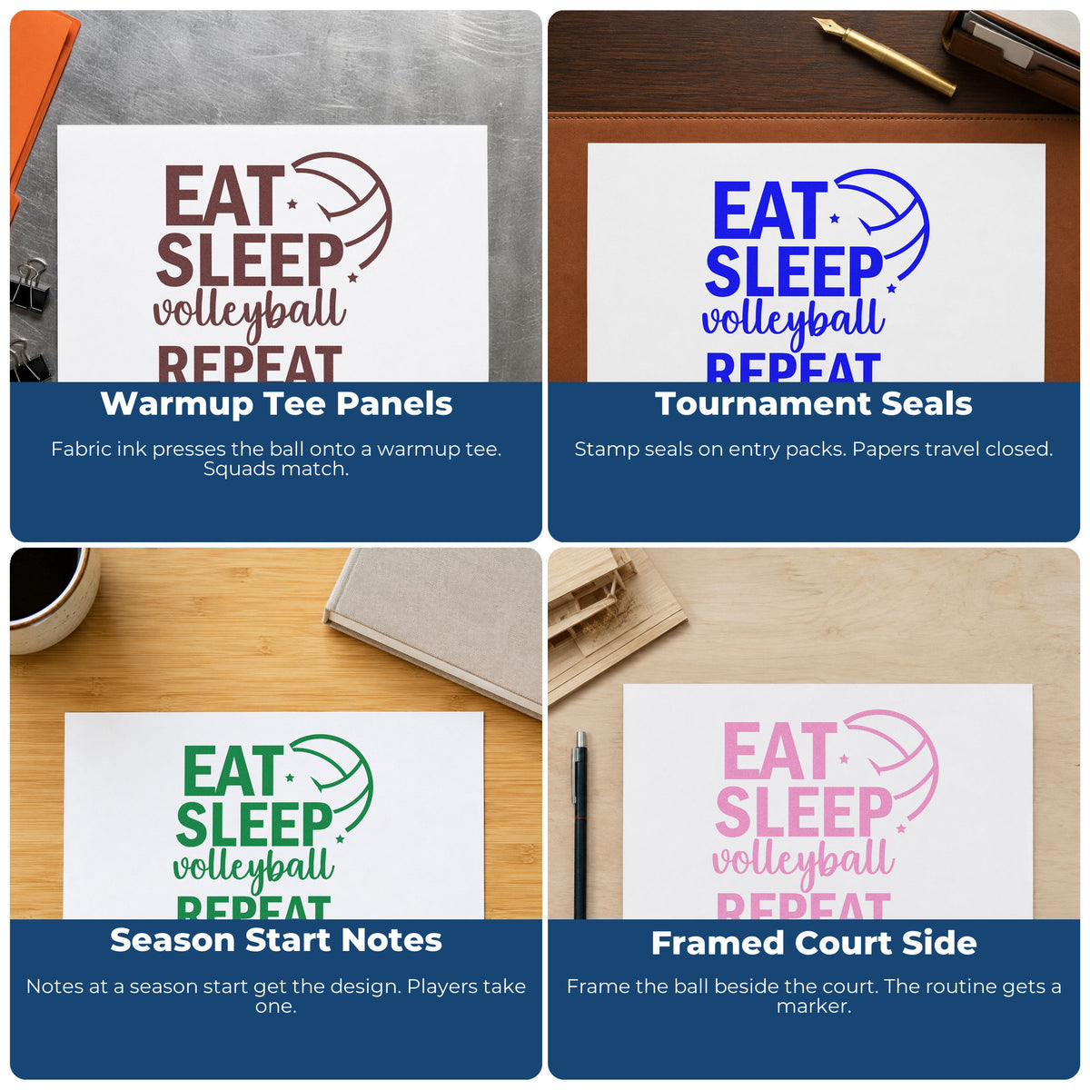 Four ways to use the Eat Sleep Volleyball Repeat With Stars Wood Handle Stamp: warmup tee panels, tournament seals, season start notes and framed court side.