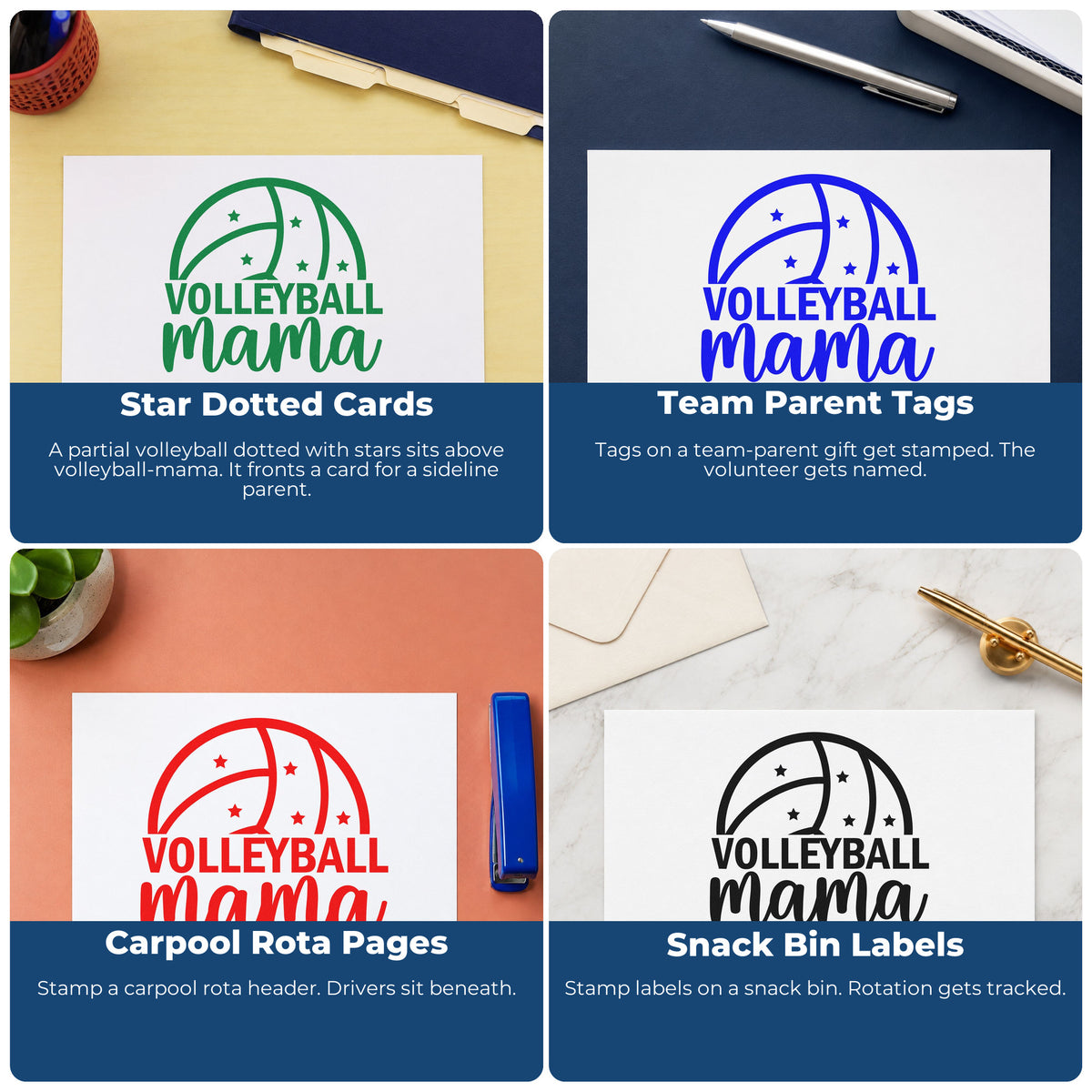 Four ways to use the Volleyball Mama Ball Self-Inking Stamp: star dotted cards, team parent tags, carpool rota pages and snack bin labels.