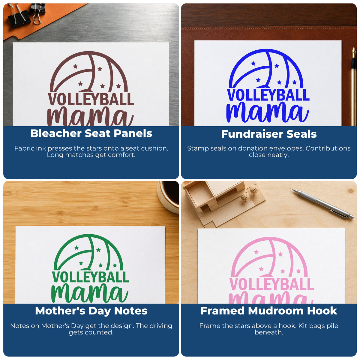 Four ways to use the Volleyball Mama Ball Wood-Mounted Rubber Stamp: bleacher seat panels, fundraiser seals, mother's day notes and framed mudroom hook.
