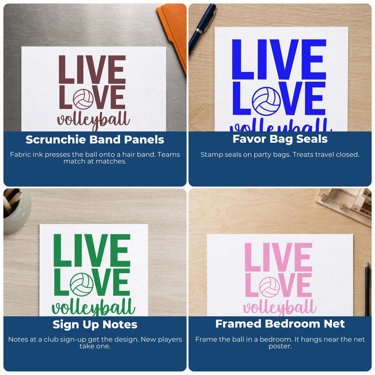 Four ways to use the Volleyball Live And Love Letter Art Stamp – Duo Hand: scrunchie band panels, favor bag seals, sign up notes and framed bedroom net.