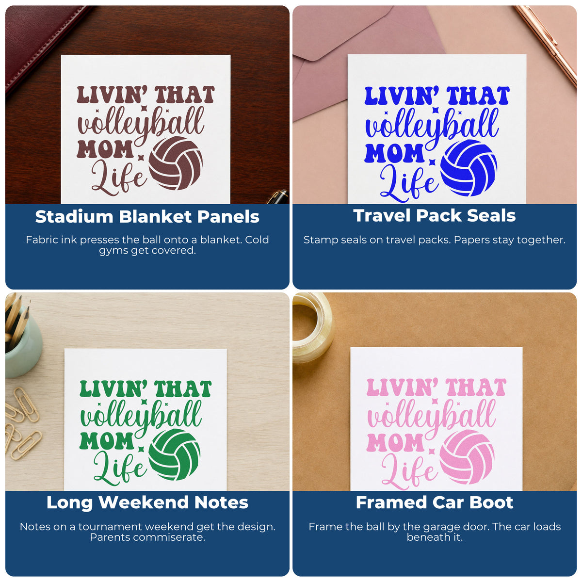 Four ways to use the Wood Handle Livin That Volleyball Mom Life Rubber Stamp: stadium blanket panels, travel pack seals, long weekend notes and framed car boot.