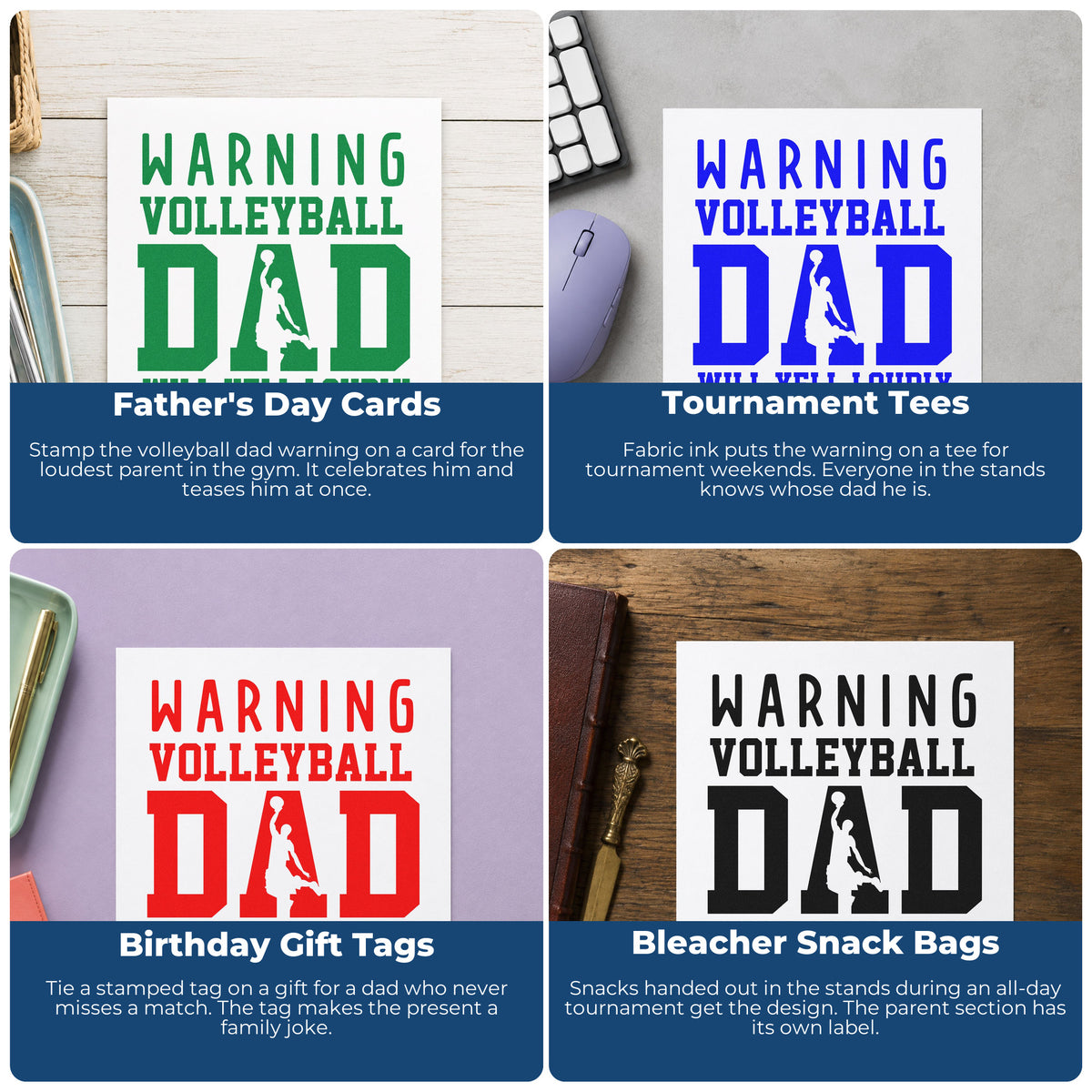 Four ways to use the Duo Hand Warning Volleyball Dad Loud Rubber Stamp: father's day cards, tournament tees, birthday gift tags and bleacher snack bags.