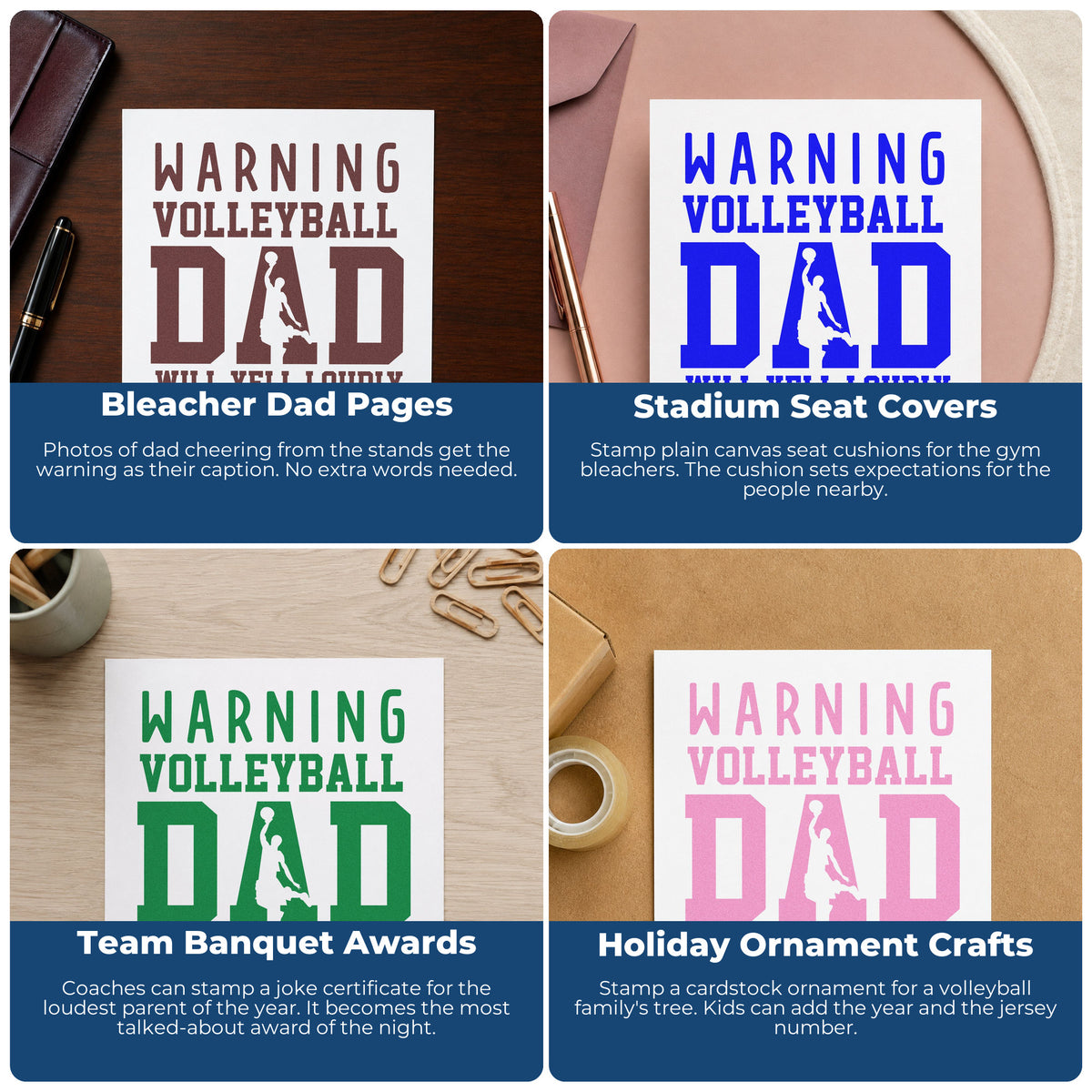Four ways to use the Premium Wooden Warning Volleyball Dad Loud Stamp - Vintage Pro: bleacher dad pages, stadium seat covers, team banquet awards and holiday ornament crafts.
