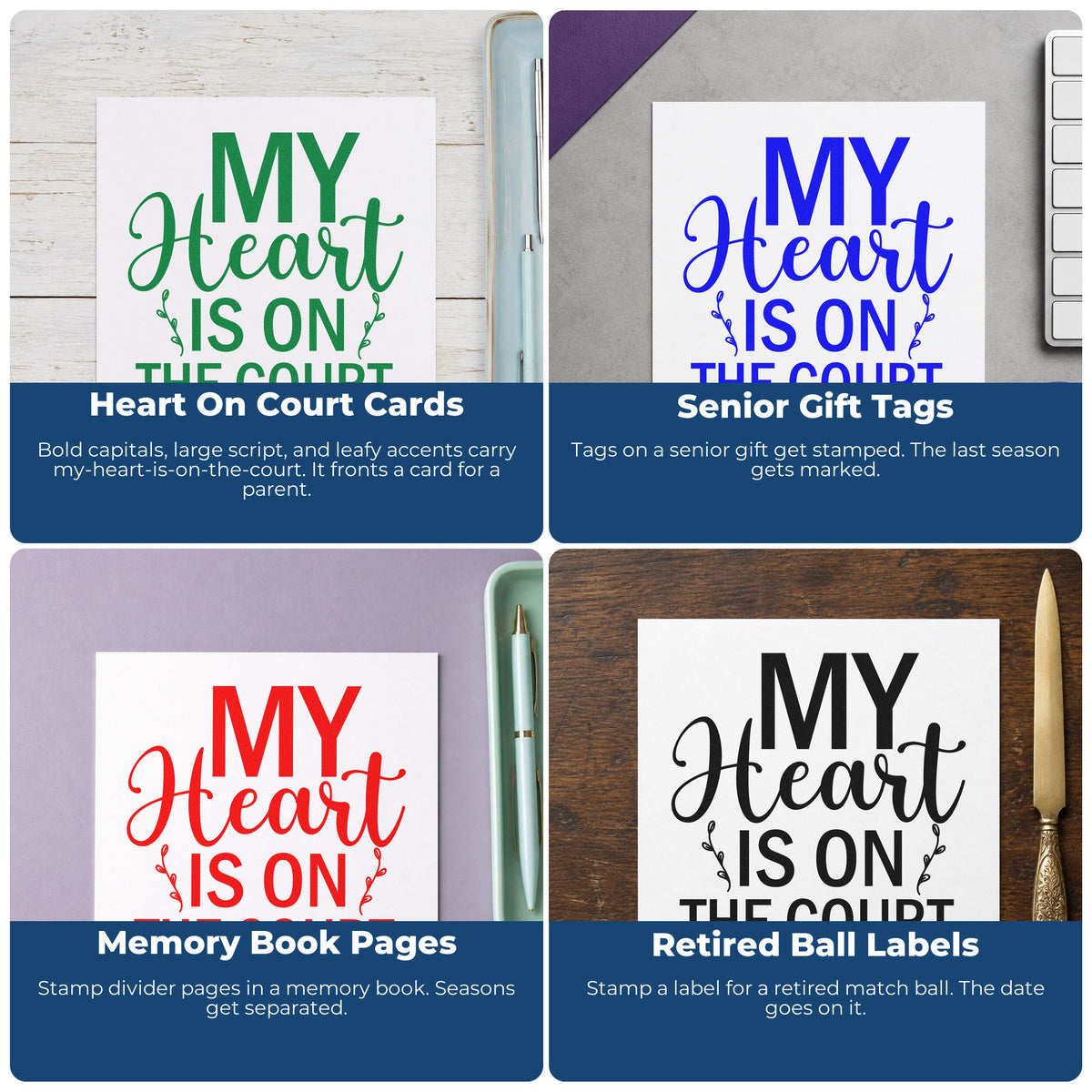 Four ways to use the My Heart On The Court Wood Handle Stamp: heart on court cards, senior gift tags, memory book pages and retired ball labels.